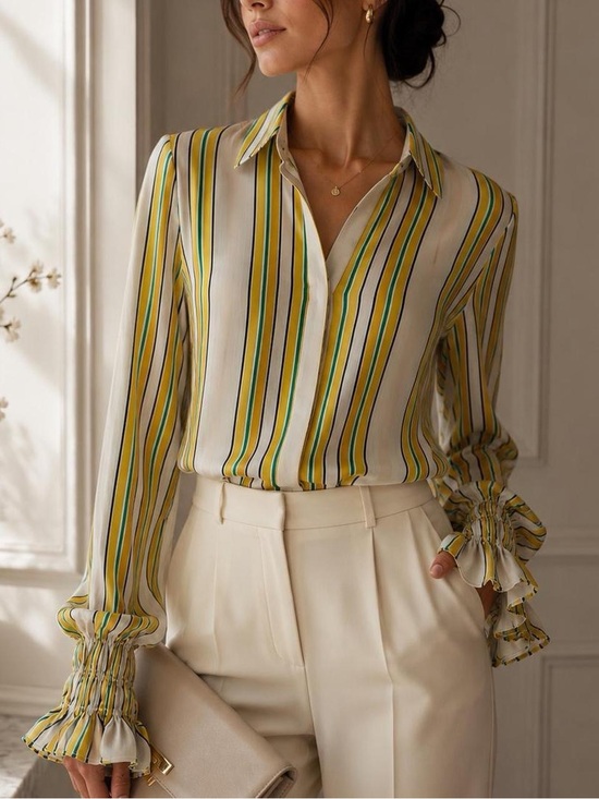 Alexis Tops - Alexis Striped Button-Down Blouse with Smocked Cuffs (XS)